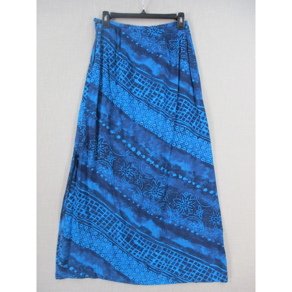 Bice Blue Batik Floral Geometric Print Maxi Skirt Womens Size 6 Rayon Boho - Picture 7 of 9